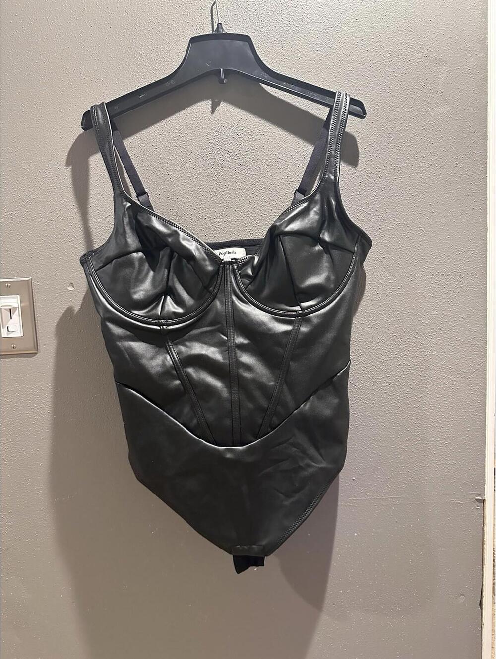 black faux leather shapewear bodysuit by Popilush 3XL Valentines Day